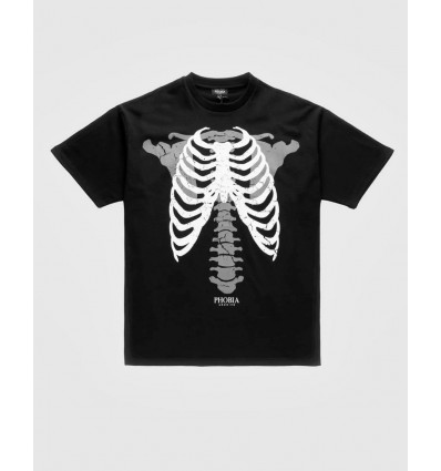 PHOBIA t-shirt nera scheletro bianco e grigio