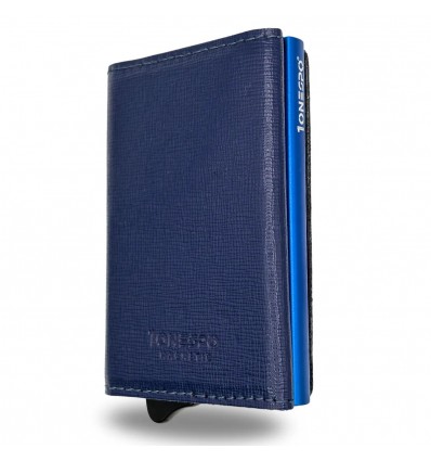 1ONESPO MAGNETIC Saffiano Portafoglio in Vera Pelle Protezione RFID Blu